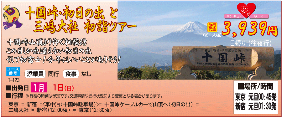 十国峠の初日の出＆箱根神社と三嶋大社の初詣ツアーイメージ1