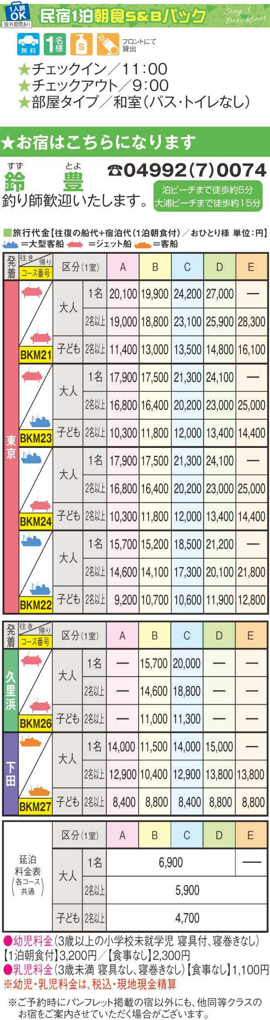 民宿1泊朝食Ｓ＆Ｂパック