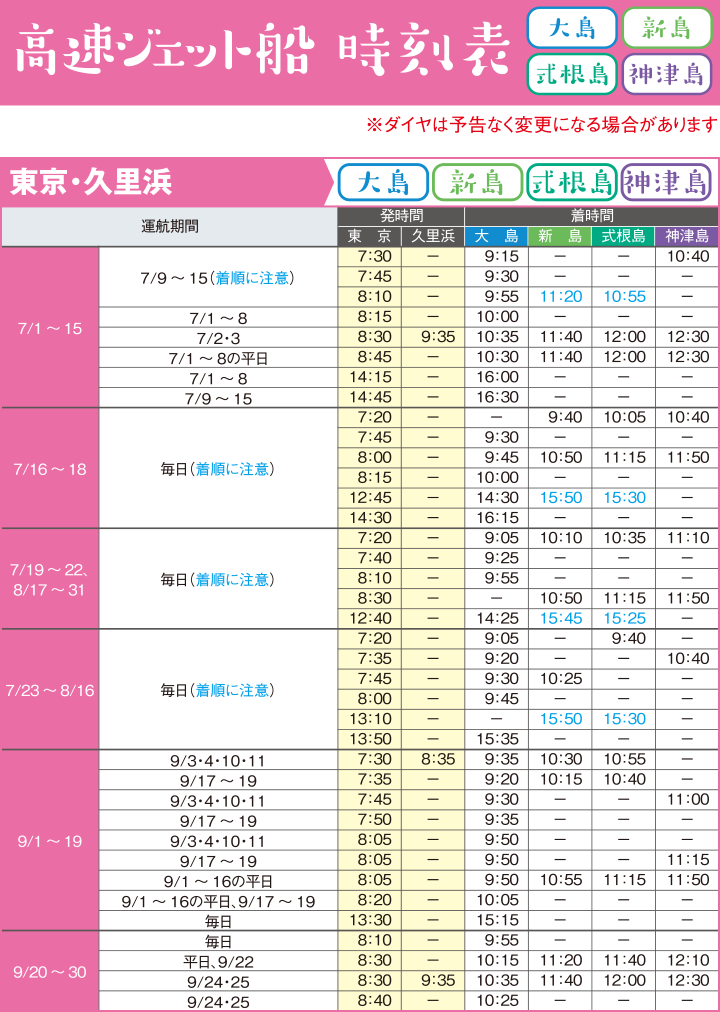 高速ジェット船時刻表(東京・久里浜、発大島・新島・式根島・神津島行き)