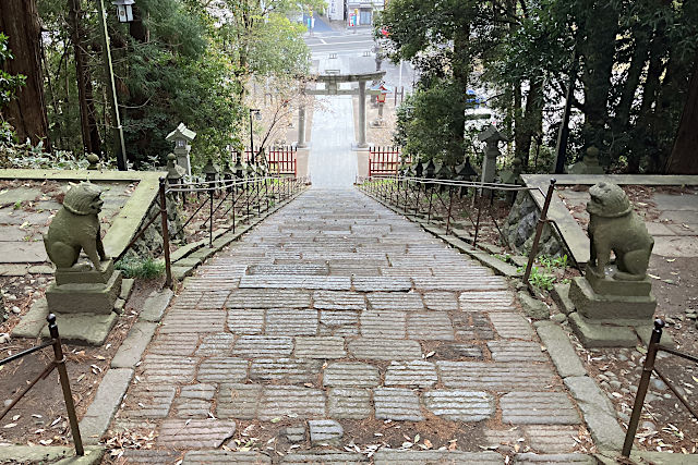 塩釜神社の表参道の踊り場から下を見る