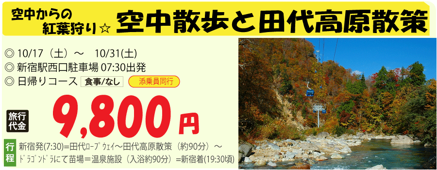 紅葉の苗場空中散歩と田代高原バスツアー