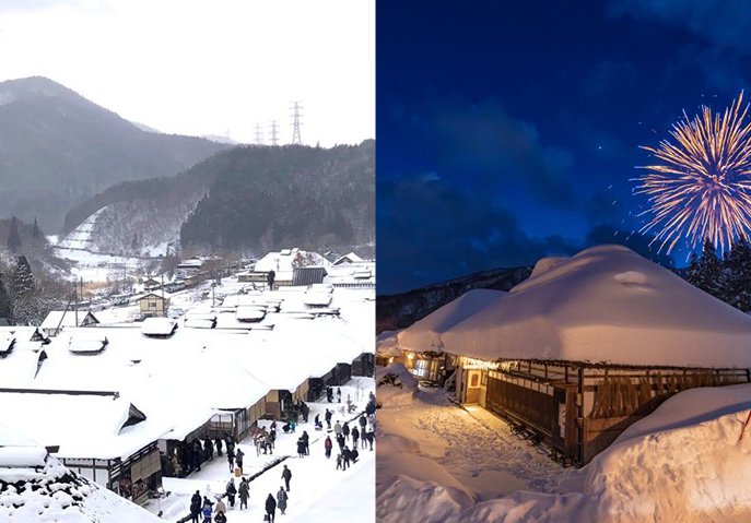 雪の大内宿、大内宿と花火