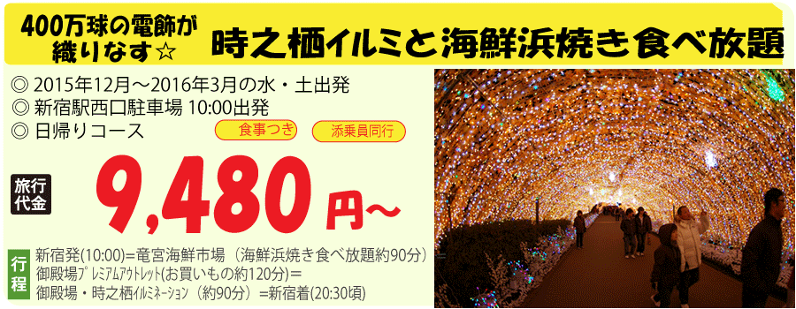 時之栖イルミネーションと浜焼き食べ放題ツアー